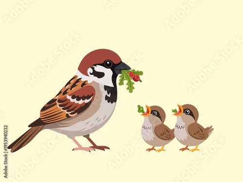 Sparrow feeding its chicks with leaves.