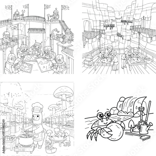 Crab relaxing in deck chair with bucket and watering can with black and white