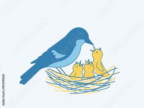 A mother bird feeding her hungry chicks in a nest.