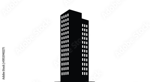 A stark black silhouette of a modern skyscraper dominates a plain white background high quality