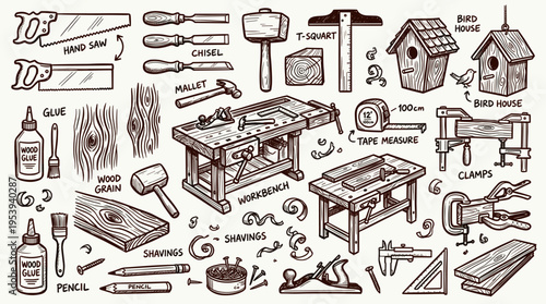 Hand drawn carpentry tools and woodworking equipment set