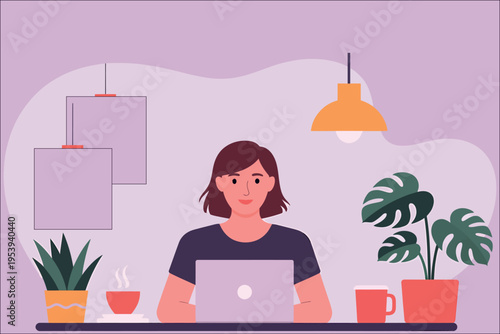 A woman working on a laptop at a desk with plants and a lamp