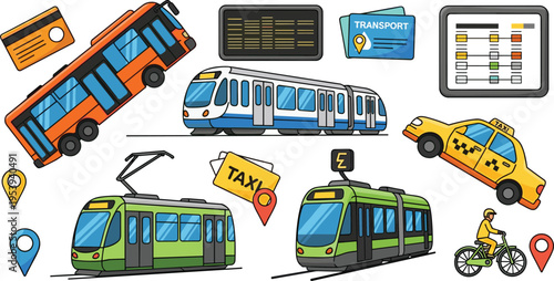 Public Transportation Collection with Bus Train Tram Taxi Bicycle Map Pins Tickets and Urban Transit Elements for Travel Navigation and City Mobility Design