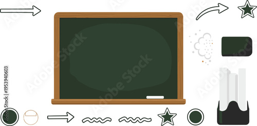 School Chalkboard Icon Set Featuring Blackboard Frame Chalk Eraser Decorative Arrows Stars and Classroom Teaching Elements Vector Illustration