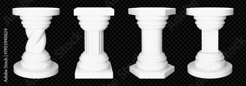 White plinth pillar stand. Hexagon and cylinder box base for museum. 3d tribune podium for cosmetic to display. Luxury pipe pedestal with spot for exhibit and presentation. Gypsum surface front scene
