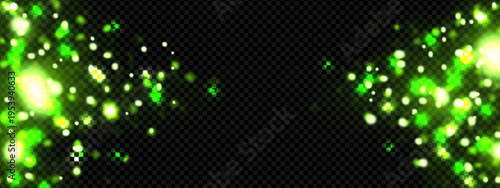 Green dust light. Forest firefly sparkle and magic glitter effect. Fairy twinkle background. Garden energy with neon bokeh and flying stardust particles. Summer floating dot spray with glimmer