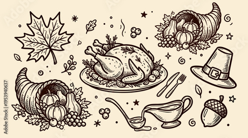 Hand drawn thanksgiving dinner elements set with roasted turkey and cornucopia