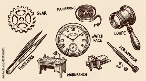 Vintage watch repair tools and components illustration