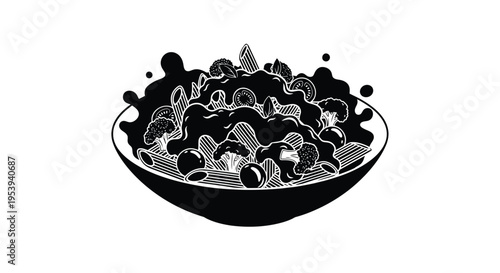 A stylized black and white illustration depicts a bowl overflowing with vibrant healthy ingredients