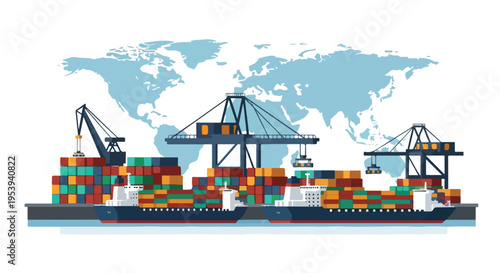 Illustration of a cargo ship with colorful containers and cranes in front of a light blue world map on a white background, symbolizing global trade and geopolitics.