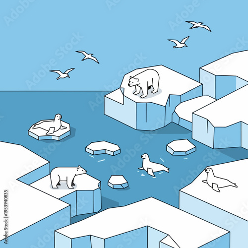 An illustration of polar bears, seals, and seagulls on ice floes in a blue ocean.
