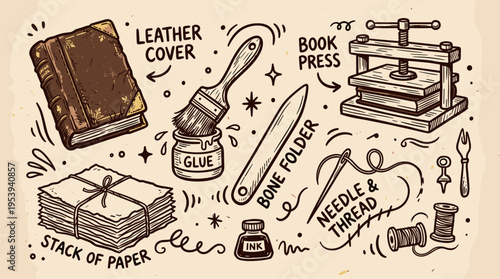 Hand drawn bookbinding tools and materials set for craft and hobby