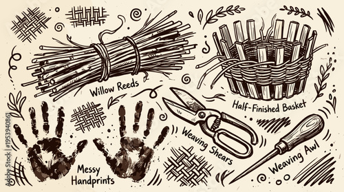 Hand drawn basket weaving tools and materials set