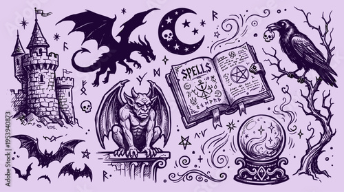 Mystical magic elements set with dragon gargoyle spellbook and raven illustration