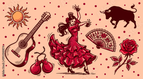 Spanish Flamenco Dancer with Guitar Bull and Rose Illustration