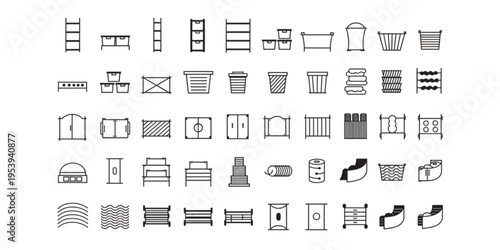 Various office supplies and furniture icons are arranged in rows on a clean surface.