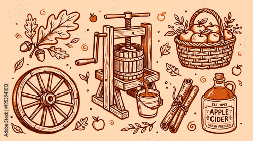 Autumn apple cider production set with press and basket