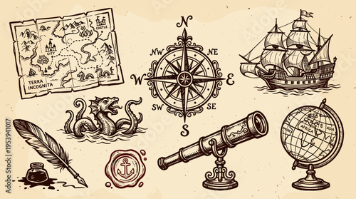 Vintage nautical exploration elements set with map ship compass and telescope