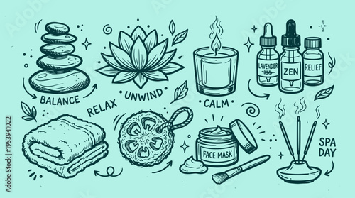 Hand drawn spa and wellness elements collection