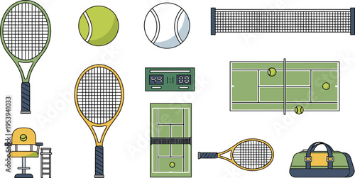 Tennis Sport Equipment Icon Set Featuring Rackets Balls Court Net Scoreboard Training Machine and Accessories Vector Collection