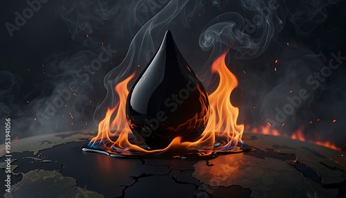 Black Droplet Surrounded by Flames on Dark Background of Earth