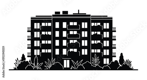 A stark black and white illustration depicts a multi story apartment building with surrounding foliage high quality professional