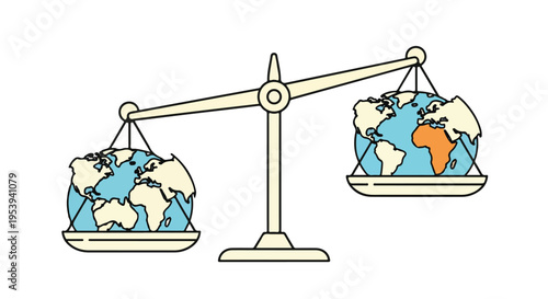 An illustration of two globes on a balance scale, one with a predominantly orange landmass on a white background, symbolizing global geopolitics and equilibrium.