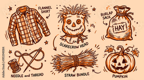 Hand drawn autumn harvest elements with scarecrow head pumpkin flannel shirt and straw bundle