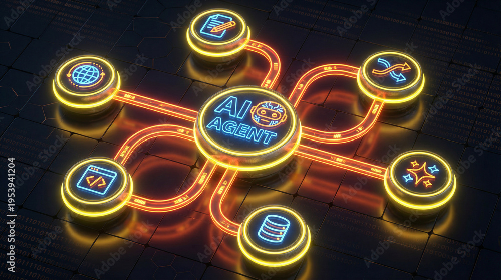 Fototapeta premium Glowing AI agent hub connected to icons for code, data, automation, web, writing. illustrating artificial intelligence, machine learning workflows. technology-driven automation in futuristic interface