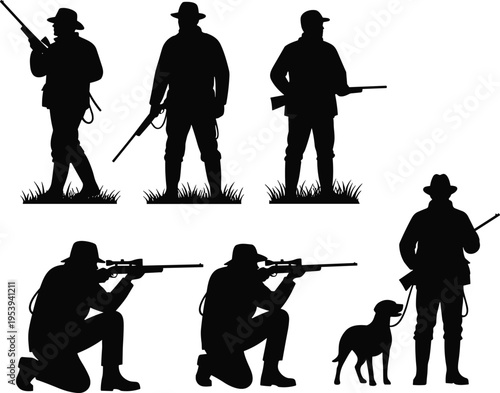 Silhouette hunters with rifles and dog in outdoor field, shooting and tracking game, hunting activity, wildlife pursuit, rural sport isolated on white background