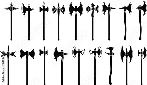 Collection of medieval battle axes and fantasy weapons silhouettes, vintage war tools, Viking and knight armory, historical weapon set isolated on white background