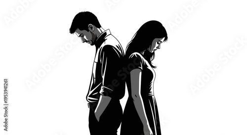 Black and white illustration of a couple standing back to back.