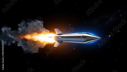 Futuristic Rocket Launching in Space with Flames and Smoke Trail