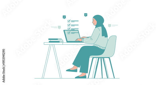 Muslim woman working on laptop at desk, checklist on screen, modern workspace illustration
