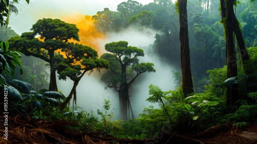 Mystical jungle scene with foggy valley and dramatic golden light for atmospheric background and fantasy landscape design