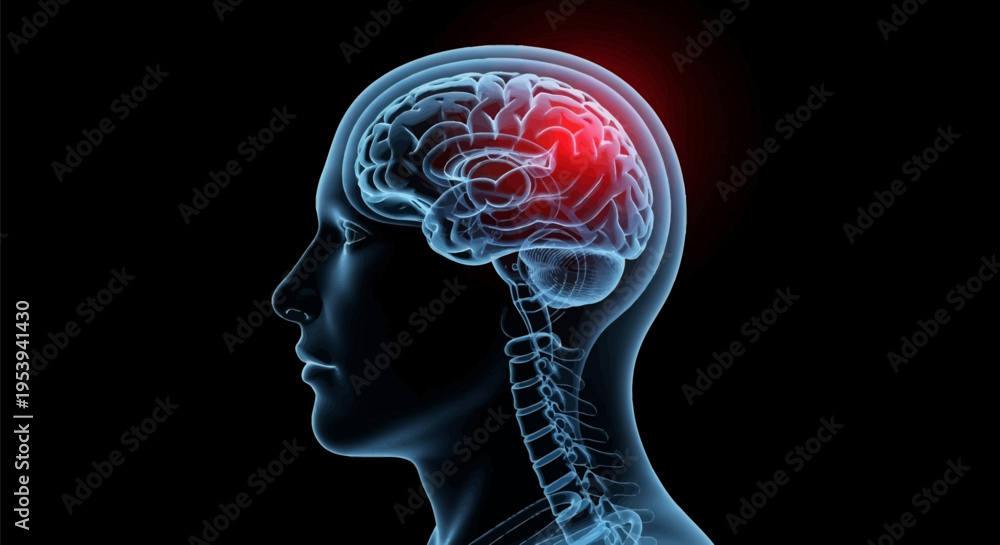 Obraz premium Medical illustration of a human brain with a highlighted area of damage or activity.