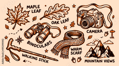 Hand drawn hiking adventure set with autumn nature elements and outdoor equipment
