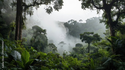 Mist-filled tropical rainforest clearing background with towering trunks and abundant ferns for nature wallpaper and eco poster