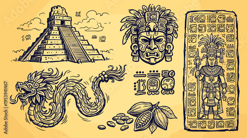 Ancient Maya Civilization Cultural Icons and Historical Symbols Collection