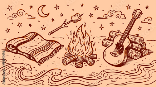 Hand drawn bonfire scene with guitar and blanket on beach under starry sky