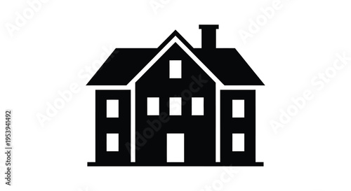A simple black silhouette depicts a classic two story house with a chimney high quality professional