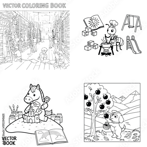 Horse and dog coloring book pages with apple tree, blocks, and playground, coloring page