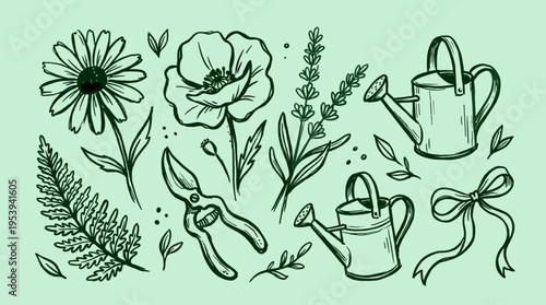 Hand drawn garden elements collection with flowers and tools