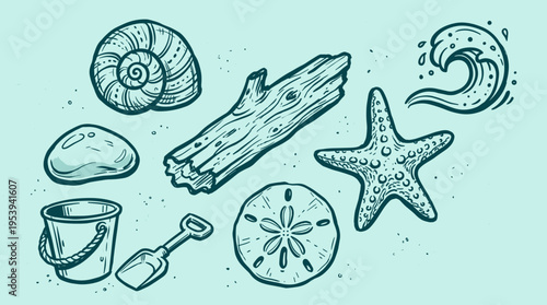 Summer beach elements collection with seashell starfish driftwood and sand toys illustration