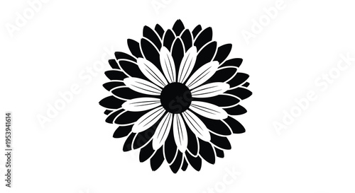 A striking black and white graphic illustration depicts a symmetrical stylized daisy like flower high quality