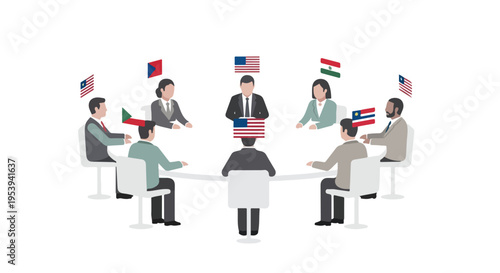 Diverse group of international businesspeople sitting around a table with flags of various countries, engaged in a global meeting with a professional atmosphere and neutral color palette.