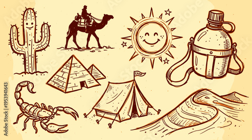 Hand drawn desert elements set with cactus camel pyramid sun canteen scorpion and tent