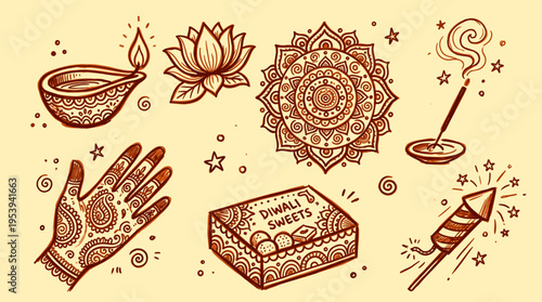 Hand drawn diwali festival elements collection