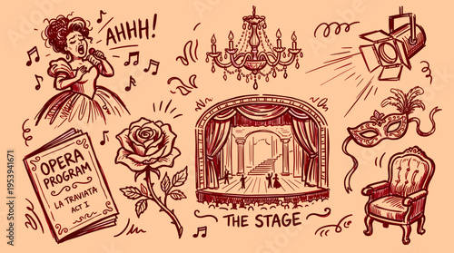 Opera theater performance elements sketch set with singer stage rose and mask