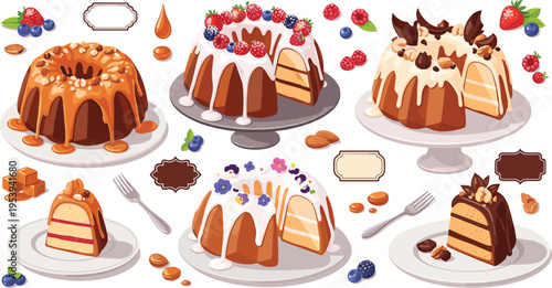 Delicious bundt cake desserts collection with caramel berry chocolate and vanilla glazed cakes sweet bakery flat vector illustration